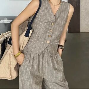 2 Piece Outfits Sleeveless Matching Sets Button Down V Neck Vest Waistcoat